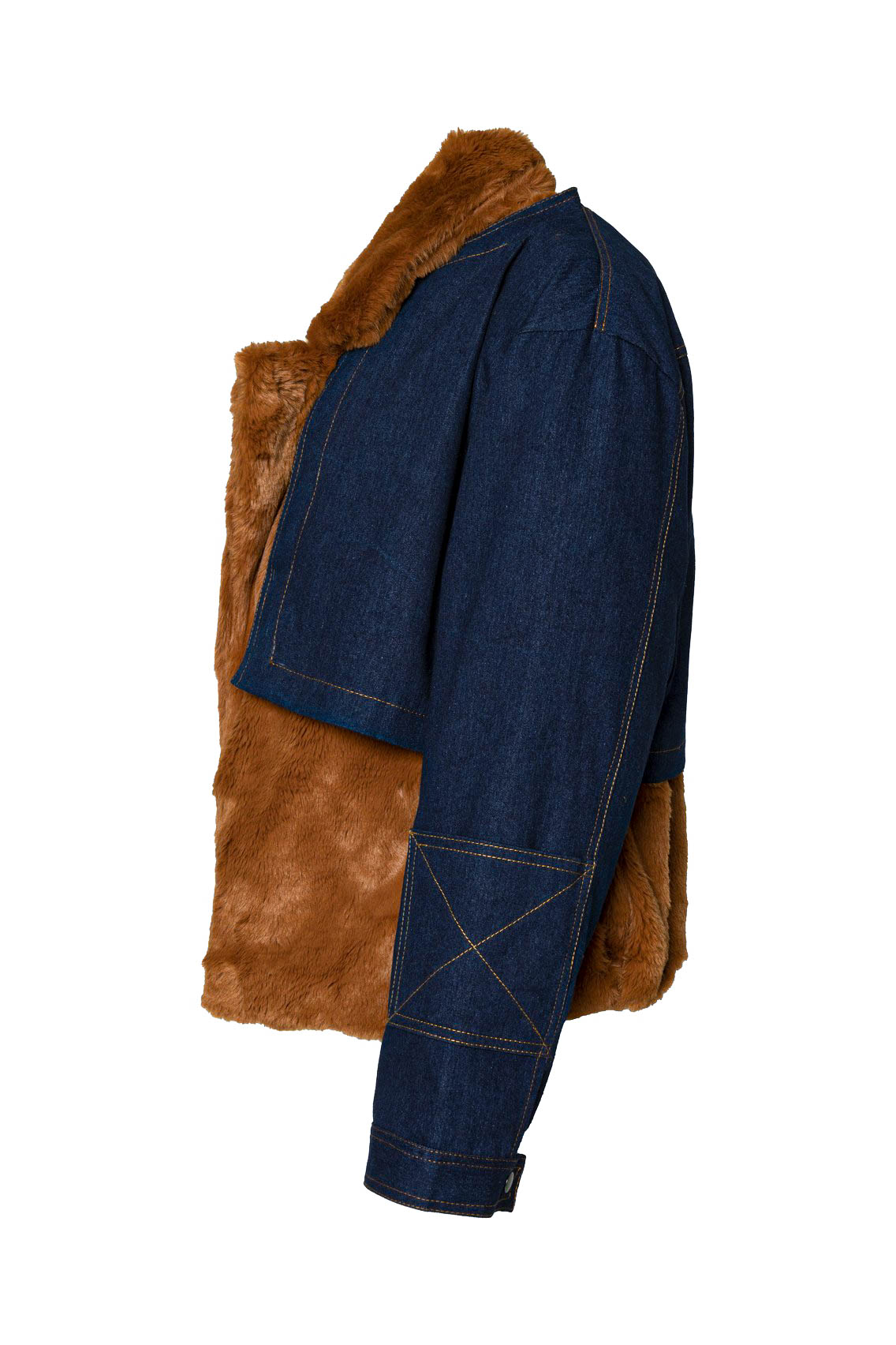 A00256_Fur Coat Camel with A00255 Denim Crop_Side DENIM CROP JACKET - Image 6