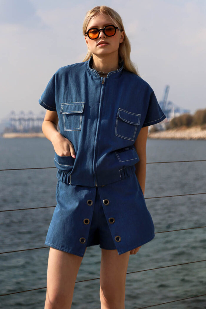 Crop Bomber Denim Jacket - Image 2